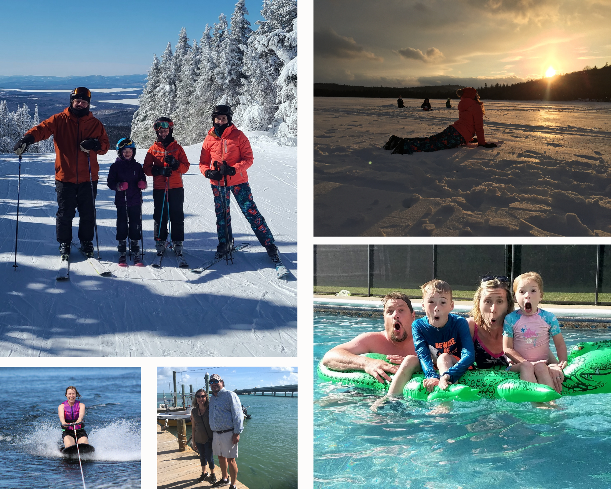 photo collage, clockwise from top right, woman in snow gear updog pose in front of a sunset, white family in a pool smiling at the camera, white couple stand on a dock in front of a bridge, smiling white woman on kneeboard gripping tow line, white family poses while skiing