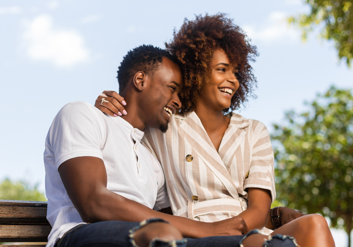 happy young Black couple sitting on a park bench